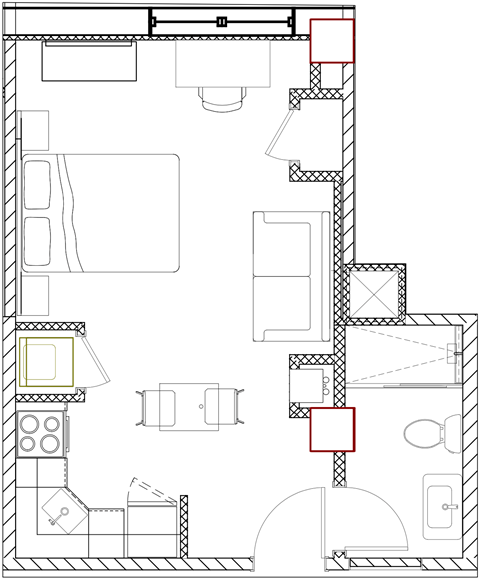 Floor plan for studio, 1 bath, 360 sqft